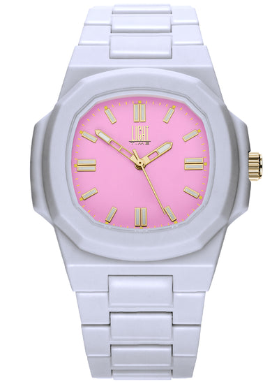Orologio Light Time Velvet L511-BI-RO - Quarzo Miyota, cassa policarbonato bianco, quadrante rosa, 38x42mm - Frontale