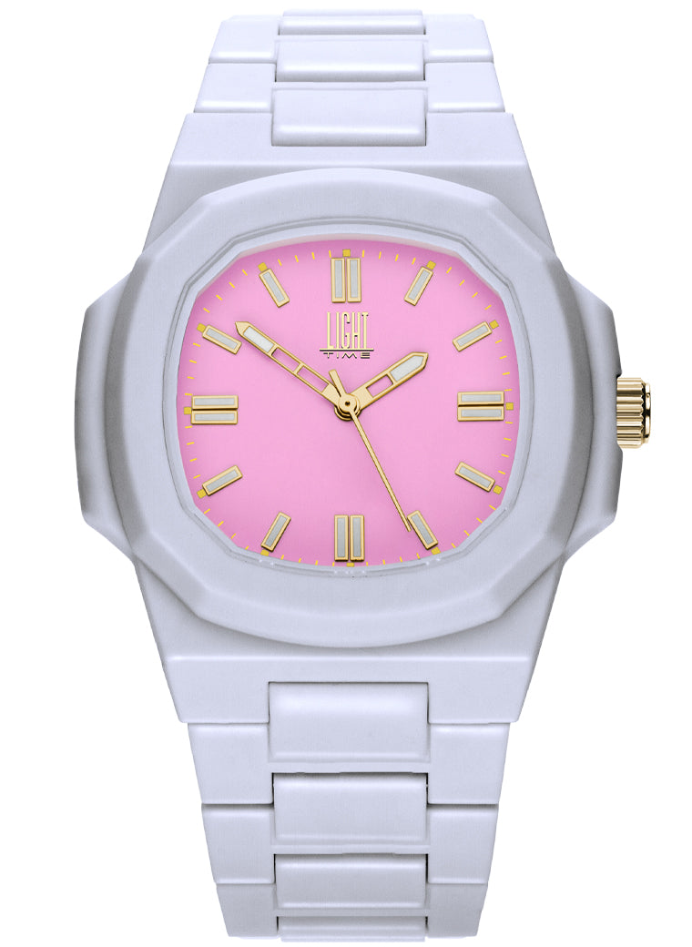 Orologio Light Time Velvet L511-BI-RO - Quarzo Miyota, cassa policarbonato bianco, quadrante rosa, 38x42mm - Frontale