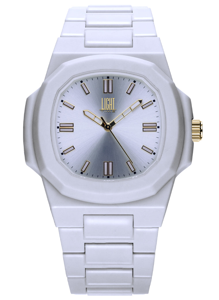 Orologio Light Time Velvet L511-BI - Quarzo Miyota, cassa policarbonato bianco, quadrante silver sunrise, 38x42mm - Frontale