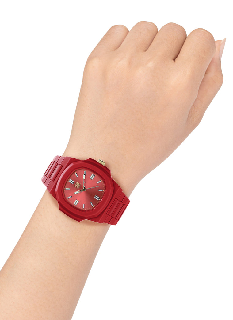 Orologio Light Time Velvet L511-RS - Quarzo Miyota, cassa policarbonato rosso, quadrante rosso sunrise, 38x42mm - Dettaglio