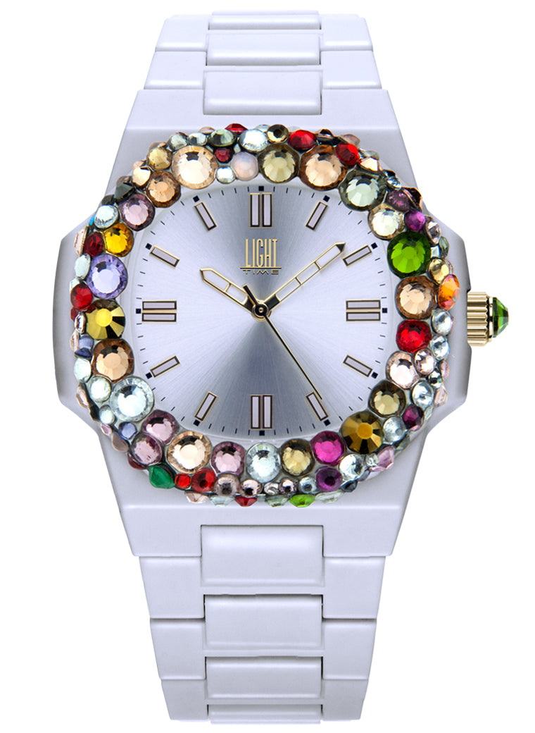 Orologio Light Time Velvet Lady L512-BI-2 - Quarzo Miyota, cassa policarbonato bianco, ghiera con cristalli Preciosa, quadrante silver, 38x42mm - Frontale