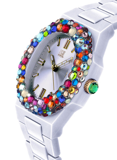 Orologio Light Time Velvet Lady L512-BI-2 - Quarzo Miyota, cassa policarbonato bianco, ghiera con cristalli Preciosa, quadrante silver, 38x42mm - Laterale
