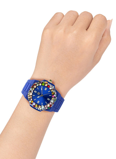 Orologio Light Time Velvet Lady L512-BL-2 - Quarzo Miyota, cassa policarbonato blu, ghiera con cristalli Preciosa, quadrante blu sunrise, 38x42mm - Dettaglio