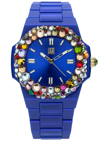Orologio Light Time Velvet Lady L512-BL-2 - Quarzo Miyota, cassa policarbonato blu, ghiera con cristalli Preciosa, quadrante blu sunrise, 38x42mm - Frontale