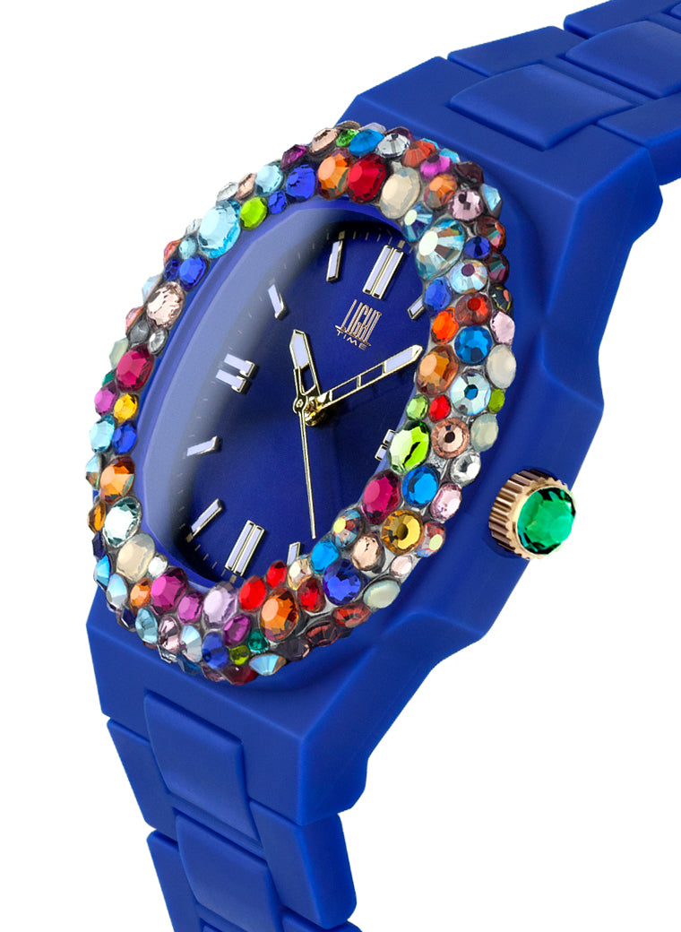 Orologio Light Time Velvet Lady L512-BL-2 - Quarzo Miyota, cassa policarbonato blu, ghiera con cristalli Preciosa, quadrante blu sunrise, 38x42mm - Laterale