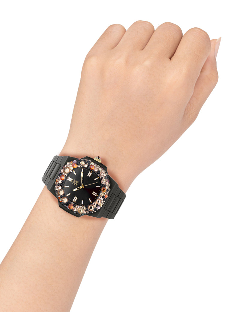 Orologio Light Time Velvet Lady L512-NE-3 - Quarzo Miyota, cassa policarbonato nero, ghiera con cristalli Preciosa, quadrante nero, 38x42mm - Dettaglio
