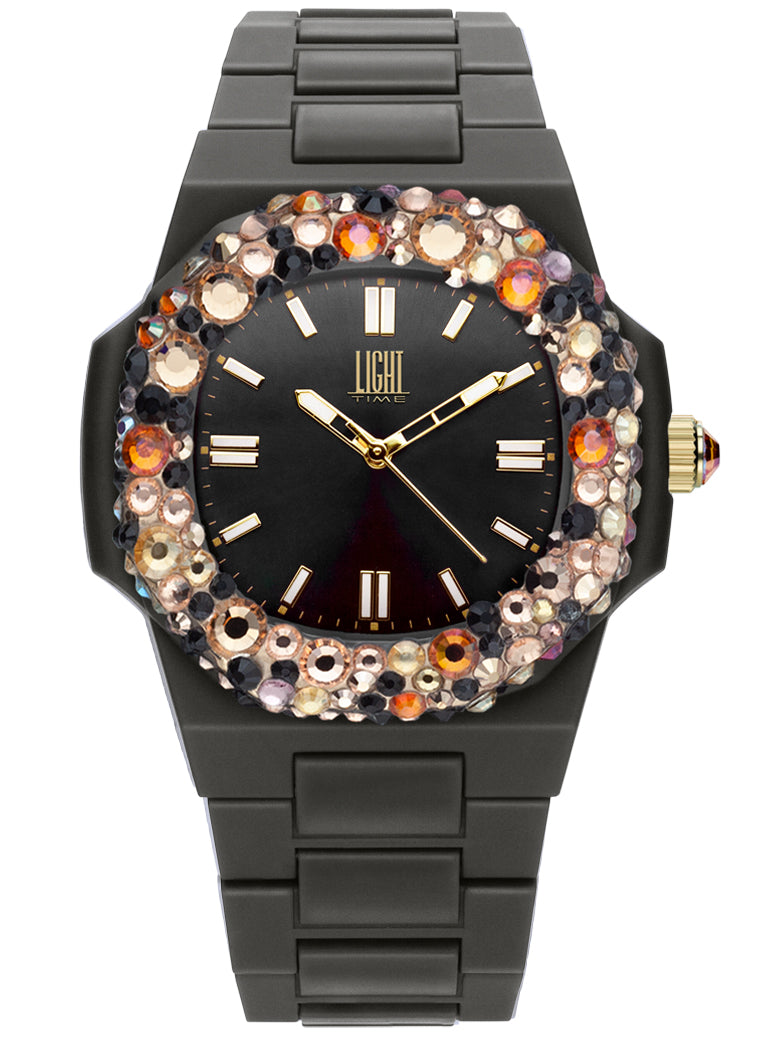 Orologio Light Time Velvet Lady L512-NE-3 - Quarzo Miyota, cassa policarbonato nero, ghiera con cristalli Preciosa, quadrante nero, 38x42mm - Frontale